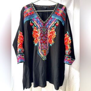 Calessa black multi-color flower embroidered boho tunic shirt top Size 1X